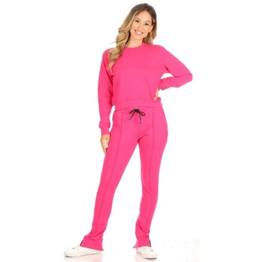 Zuri Top and Bottom Jogger Set Womens Pink Soft Cotton Crew Neck Pullover